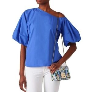 Amanda Uprichard Blue Dusk one shoulder Puff Sleeves Blouse